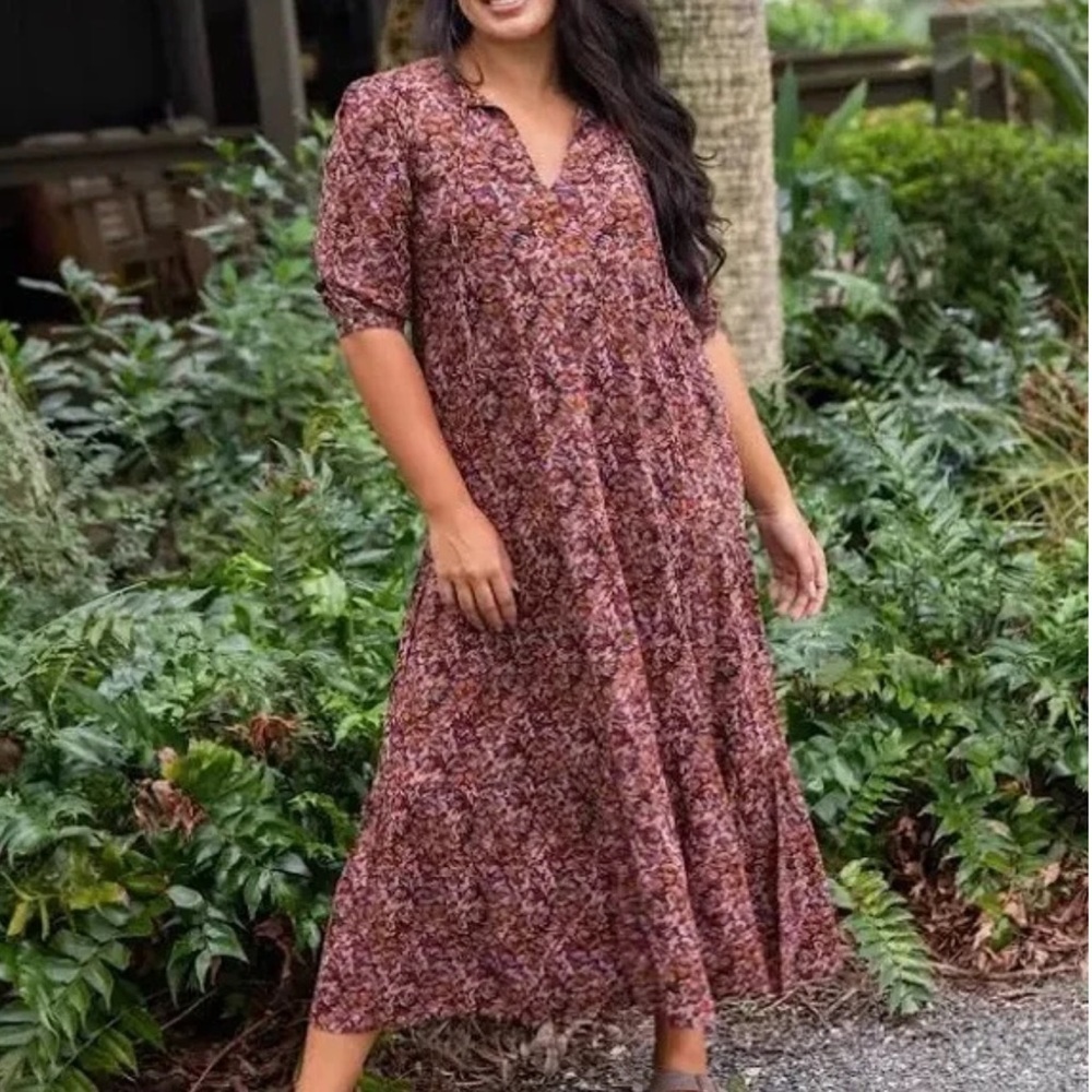 Natural Life Sage Tiered Floral Maxi Dress Red Brown Medium Bohemian Comfy Hippy